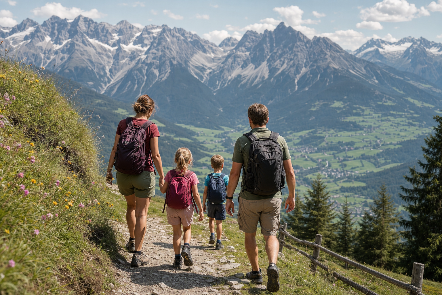 Familie wandert auf einem Panoramaweg oberhalb eines Tiroler Tals mit Blick auf die Berge