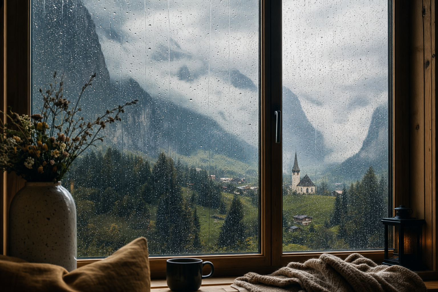 Regentropfen an einer Fensterscheibe mit Blick auf wolkenverhangene Tiroler Berge